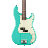 A Fender Sea Foam Green P bass guitar with a cream pickguard, black pickups, and a dark brown fretboard, shown against a plain white background.
