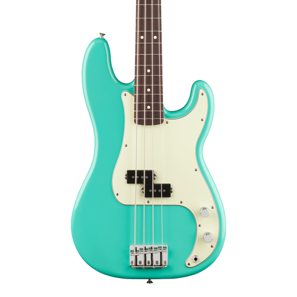 A Fender Sea Foam Green P bass guitar with a cream pickguard, black pickups, and a dark brown fretboard, shown against a plain white background.