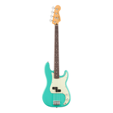 A turquoise electric bass guitar with a white pickguard and maple headstock, shown vertically against a plain white background.