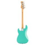 A turquoise electric bass guitar shown from the back, featuring a natural maple neck and headstock with four silver tuning pegs, set against a plain white background.