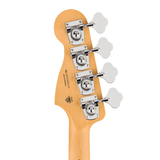 Close-up of a bass guitar headstock with four silver tuning pegs and white flower-shaped keys on a light natural wood finish against a white background.