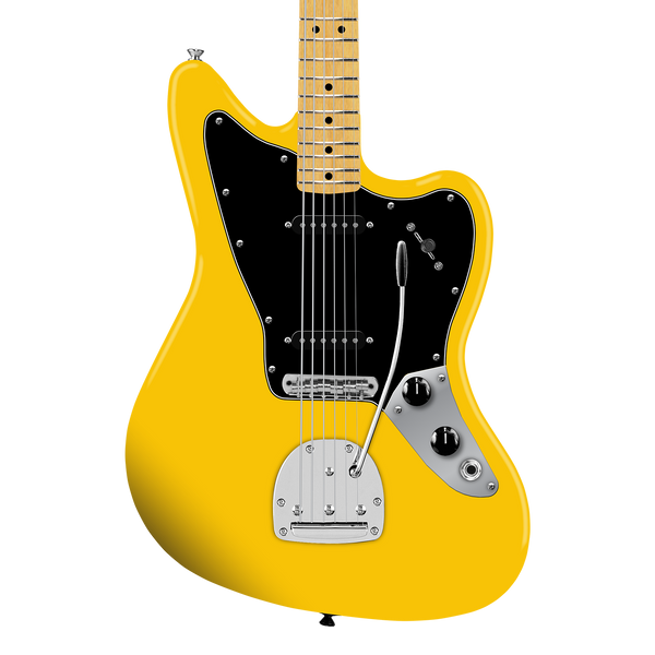 Front of Squier Affinity FSR Jaguar Graffiti Yellow.