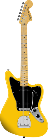 Full frontal of Squier Affinity FSR Jaguar Graffiti Yellow.