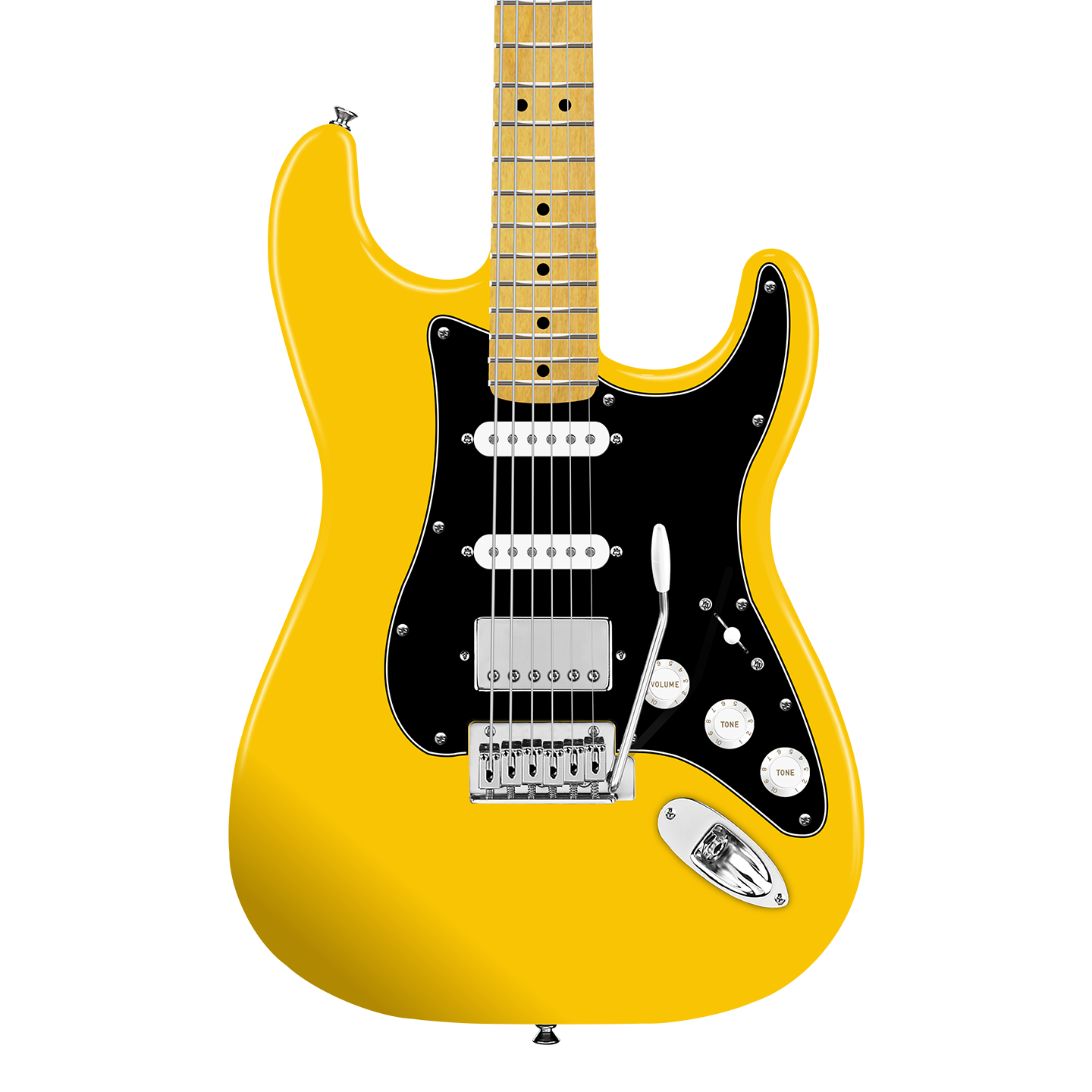 Front of Squier Affinity FSR Stratocaster HSS Graffiti Yellow.
