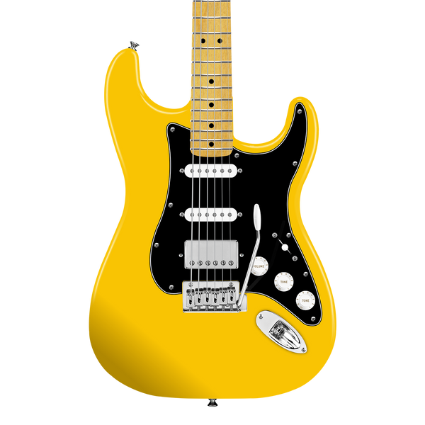 Front of Squier Affinity FSR Stratocaster HSS Graffiti Yellow.