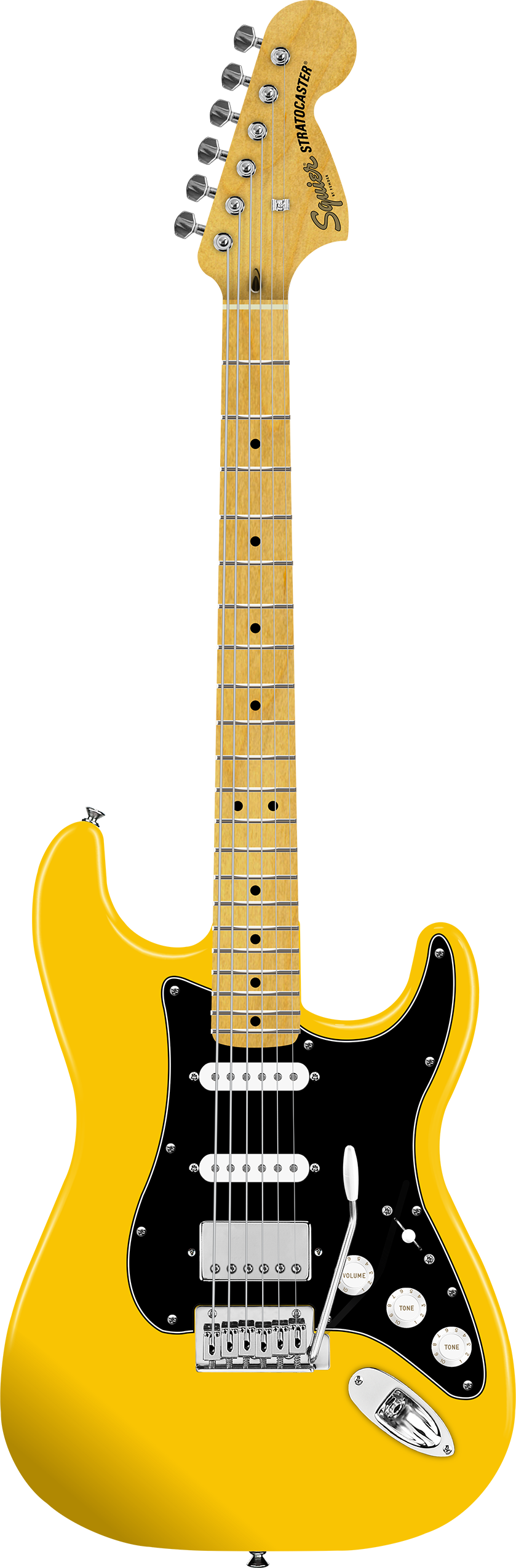 Full frontal of Squier Affinity FSR Stratocaster HSS Graffiti YellowSquier Affinity FSR Stratocaster HSS Graffiti Yellow.