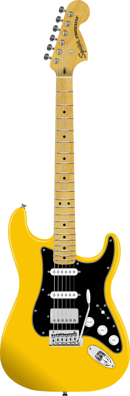 Full frontal of Squier Affinity FSR Stratocaster HSS Graffiti YellowSquier Affinity FSR Stratocaster HSS Graffiti Yellow.