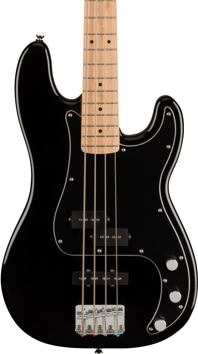 Front of Squier Affinity Series Precision Bass PJ Pack MP Black w/bag w/Rumble 15 120V.