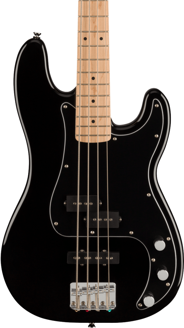 Front of Squier Affinity Series Precision Bass PJ Pack MP Black w/bag w/Rumble 15 120V.