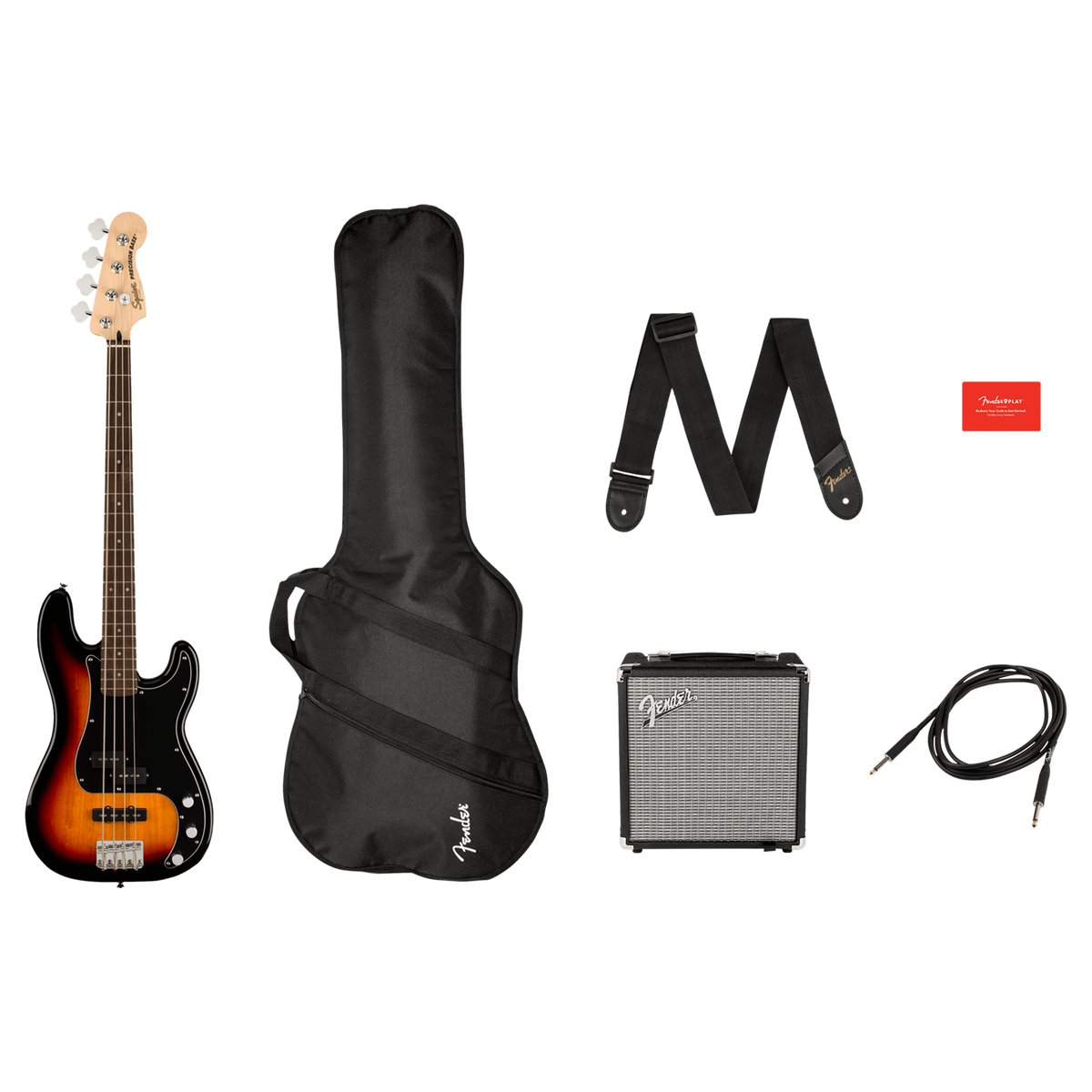 Front of Squier Affinity Series Precision Bass PJ Pack, Laurel Fingerboard, 3-Color Sunburst, Gig Bag, Rumble 15 120V.