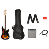 Front of Squier Affinity Series Precision Bass PJ Pack, Laurel Fingerboard, 3-Color Sunburst, Gig Bag, Rumble 15 120V.