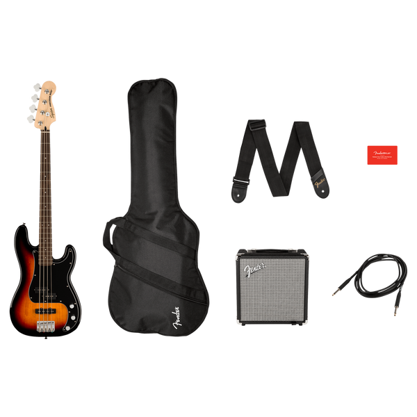 Front of Squier Affinity Series Precision Bass PJ Pack, Laurel Fingerboard, 3-Color Sunburst, Gig Bag, Rumble 15 120V.