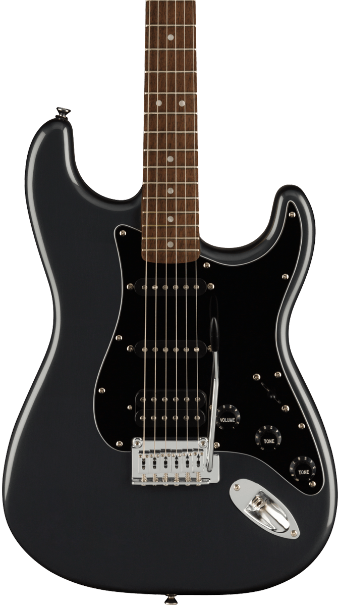 Front of Squier Affinity Series Stratocaster HSS Pack Charcoal Frost Metallic.