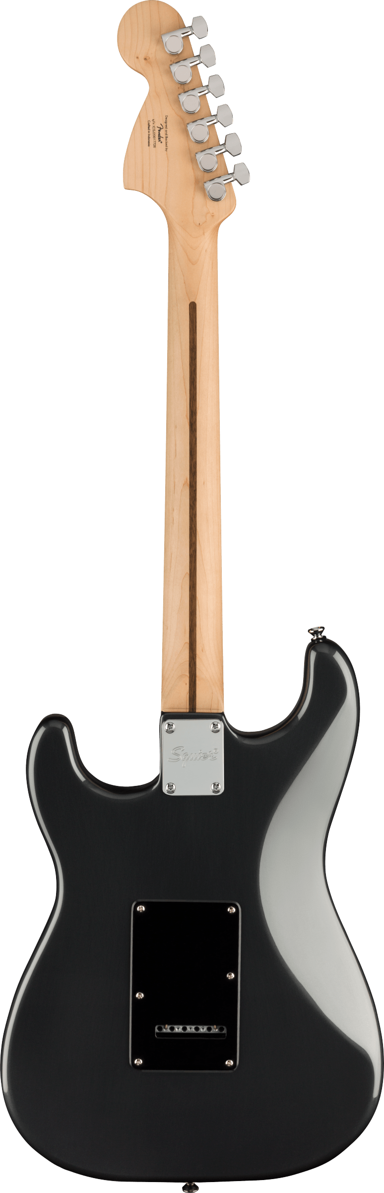 Back of Squier Affinity Series Stratocaster HSS Pack Charcoal Frost Metallic.
