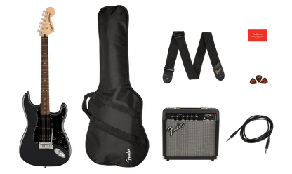 Squier Affinity Series Stratocaster HSS Pack Charcoal Frost Metallic bundle.