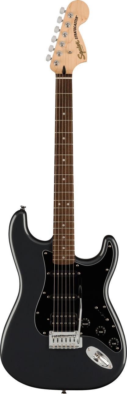 Full frontal of Squier Affinity Series Stratocaster HSS Pack Charcoal Frost Metallic.