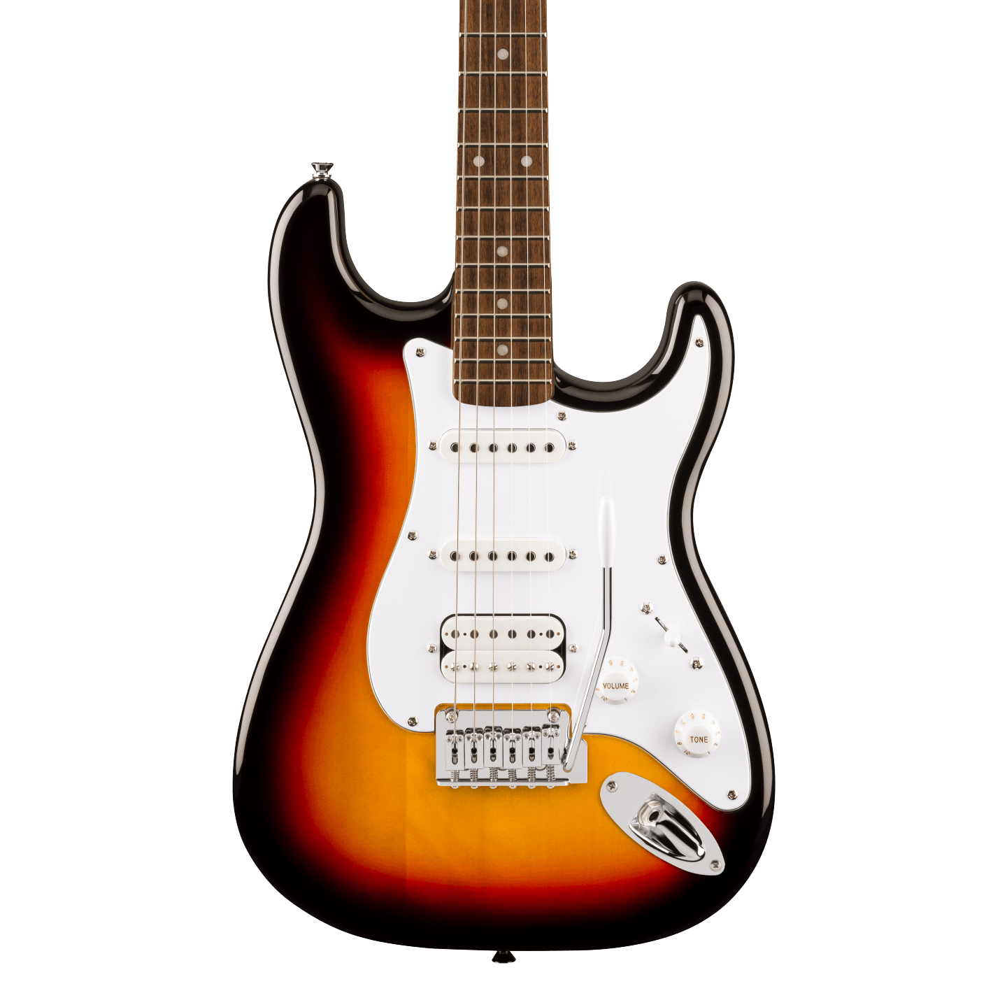 Front of Squier Affinity Series Stratocaster Junior HSS 3-Color Sunburst.