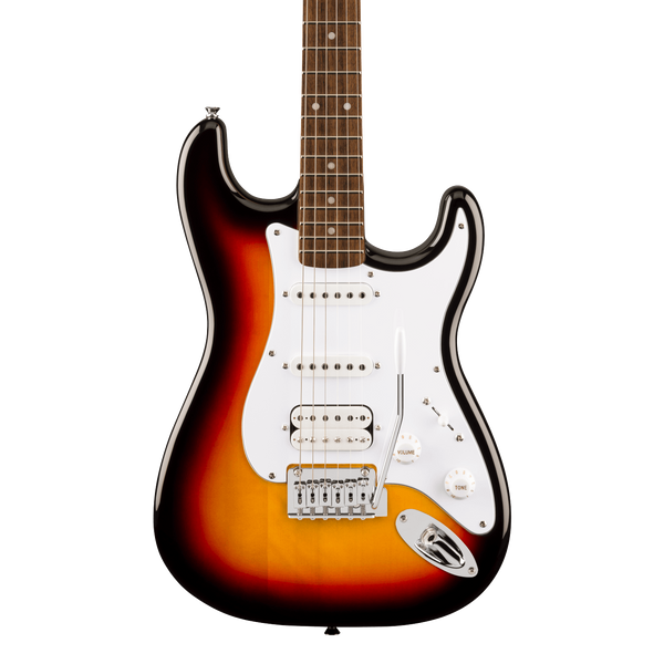 Front of Squier Affinity Series Stratocaster Junior HSS 3-Color Sunburst.