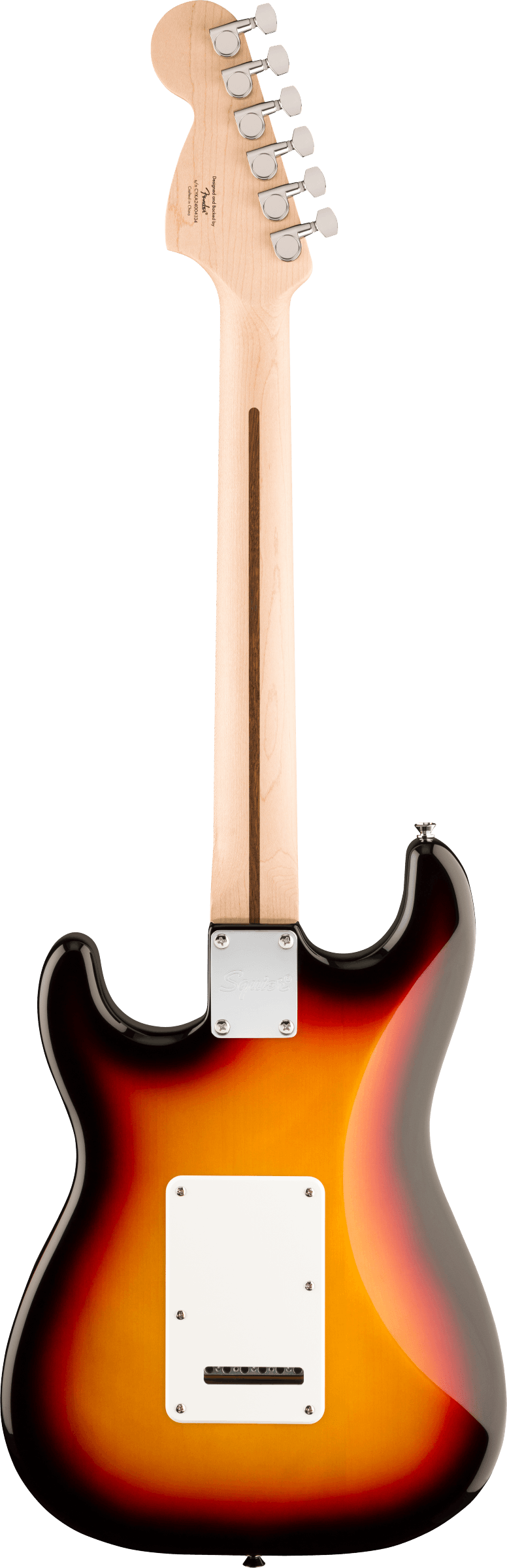 Back of Squier Affinity Series Stratocaster Junior HSS 3-Color Sunburst.