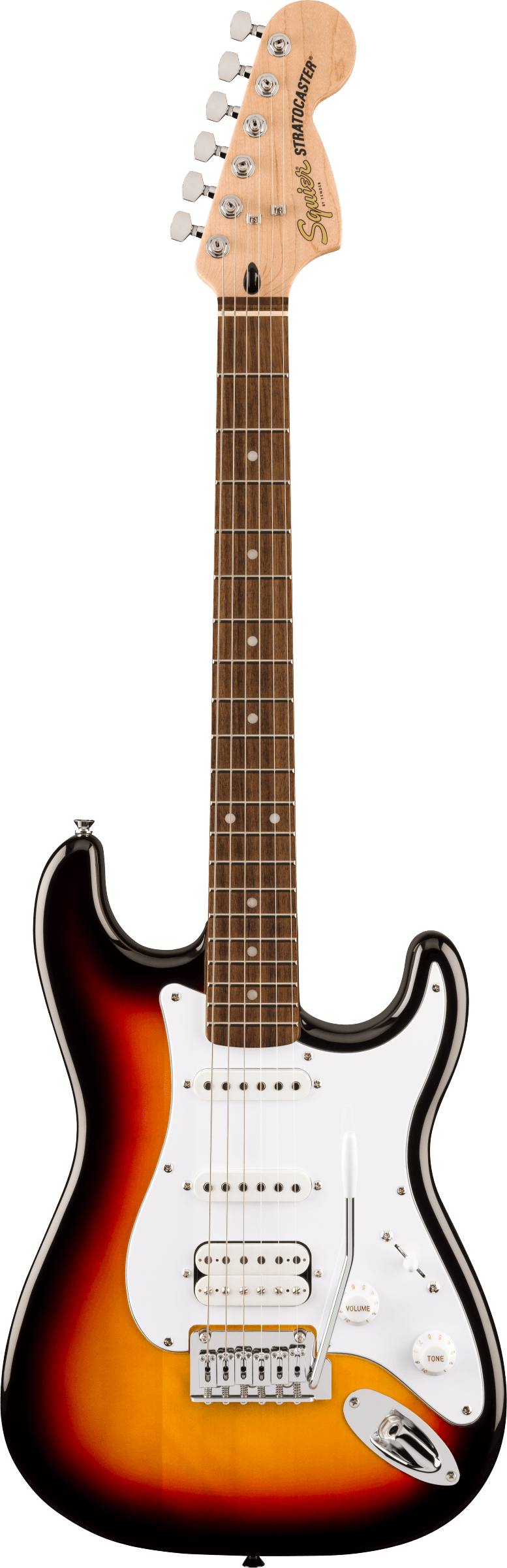 Full frontal of Squier Affinity Series Stratocaster Junior HSS 3-Color Sunburst.