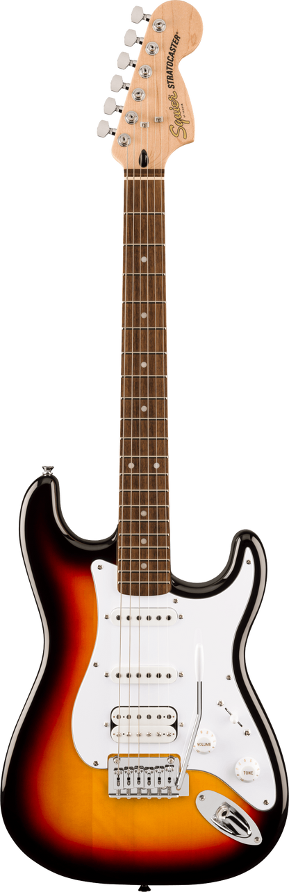 Full frontal of Squier Affinity Series Stratocaster Junior HSS 3-Color Sunburst.