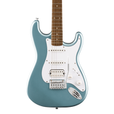 Front of Squier Affinity Series Stratocaster Junior HSS Ice Blue Metallic.