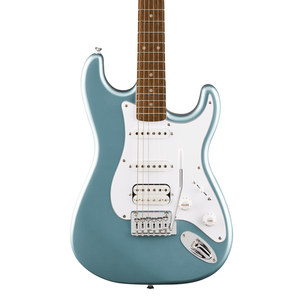 Front of Squier Affinity Series Stratocaster Junior HSS Ice Blue Metallic.