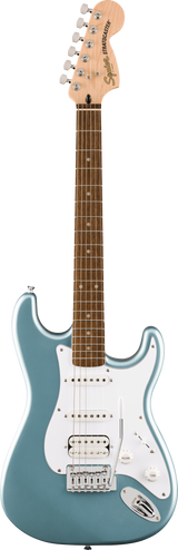 Full frontal of Squier Affinity Series Stratocaster Junior HSS Ice Blue Metallic.