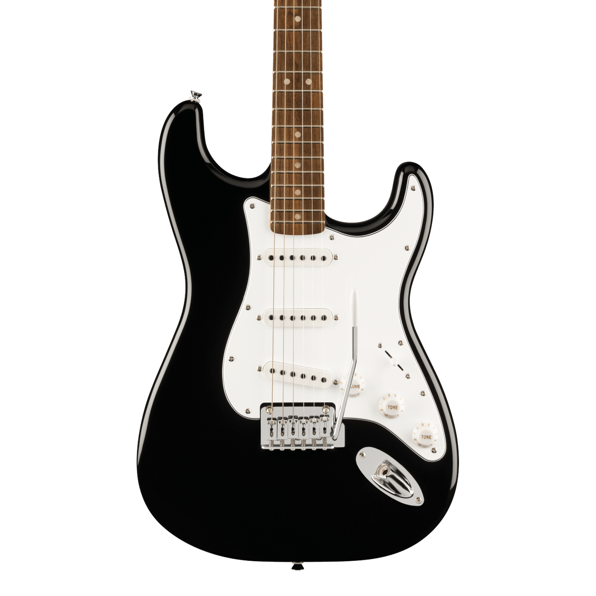 Front of Squier Affinity Series Stratocaster Mustang Micro Pack Laurel Fingerboard Black.