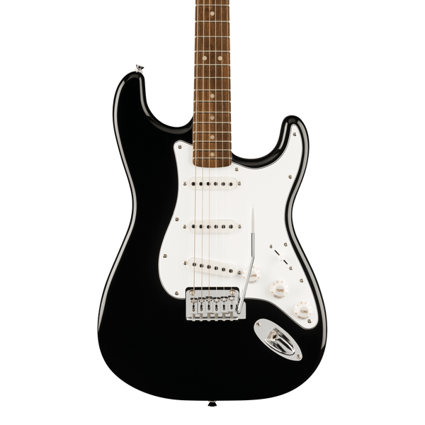 Front of Squier Affinity Series Stratocaster Mustang Micro Pack Laurel Fingerboard Black.