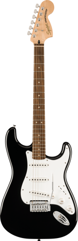 Full frontal of Squier Affinity Series Stratocaster Mustang Micro Pack Laurel Fingerboard Black.