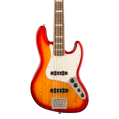 Front of Squier Classic Vibe Active '70s Jazz Bass V Laurel  White Pearloid Pickguard Sienna Sunburst.