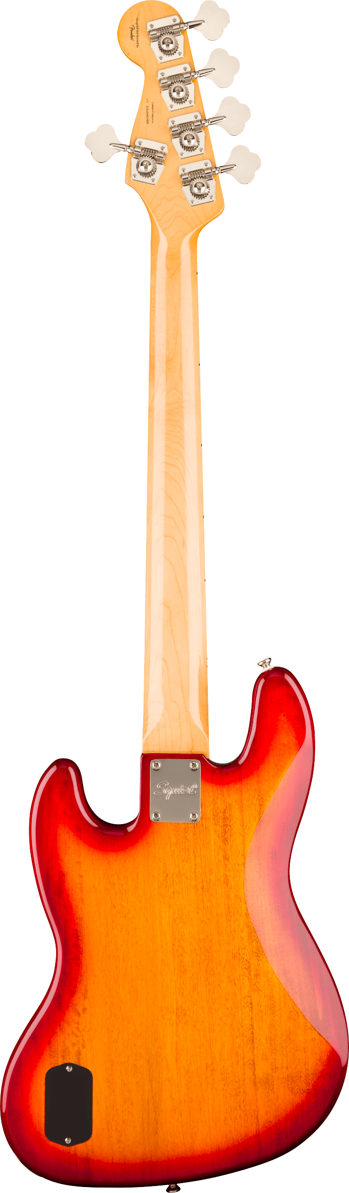 Back of Squier Classic Vibe Active '70s Jazz Bass V Laurel  White Pearloid Pickguard Sienna Sunburst.