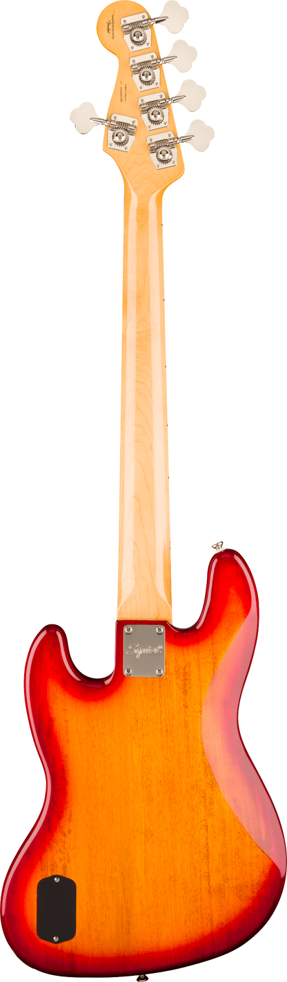 Back of Squier Classic Vibe Active '70s Jazz Bass V Laurel  White Pearloid Pickguard Sienna Sunburst.