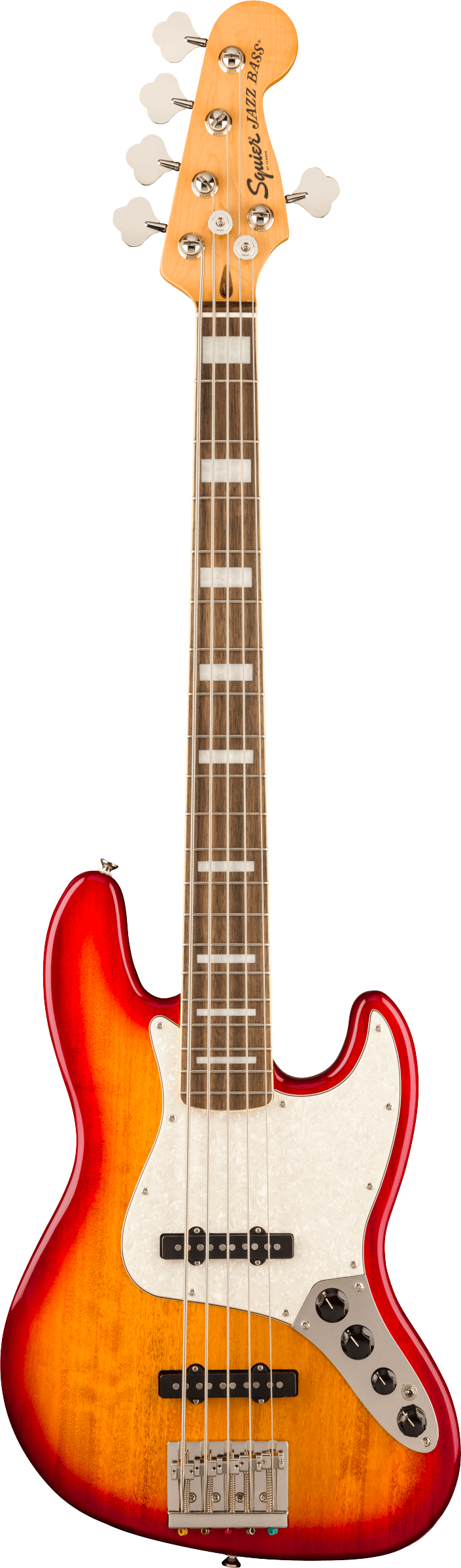 Full frontal of Squier Classic Vibe Active '70s Jazz Bass V Laurel  White Pearloid Pickguard Sienna Sunburst.