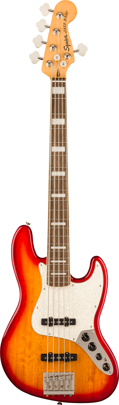 Full frontal of Squier Classic Vibe Active '70s Jazz Bass V Laurel  White Pearloid Pickguard Sienna Sunburst.