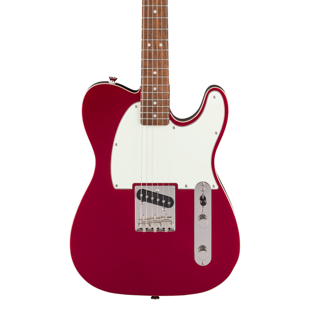 Front of Squier Classic Vibe Custom Esquire Laurel  Parchment Pickguard Candy Apple Red.
