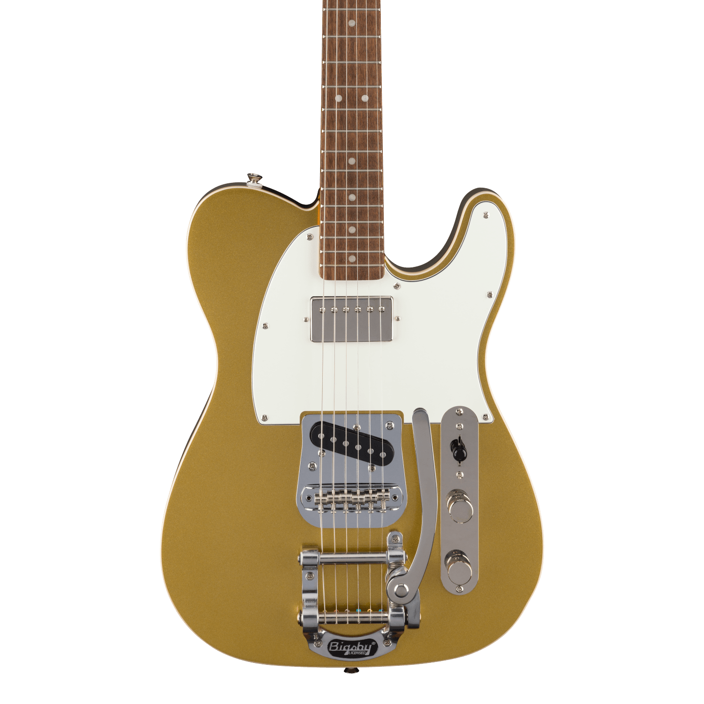 Front of Squier Classic Vibe Custom Telecaster SH with Bigsby Parchment Pickguard Aztec Gold.