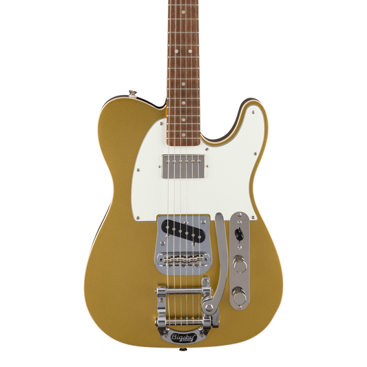 Front of Squier Classic Vibe Custom Telecaster SH with Bigsby Parchment Pickguard Aztec Gold.