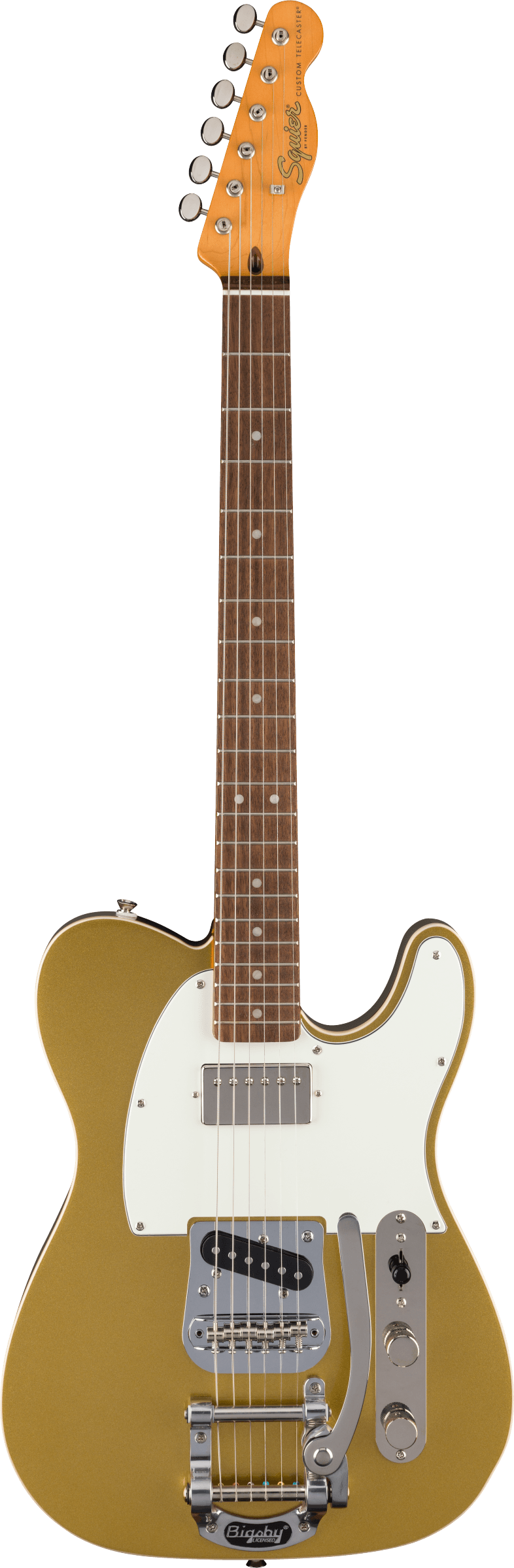 Full frontal of Squier Classic Vibe Custom Telecaster SH with Bigsby Parchment Pickguard Aztec Gold.