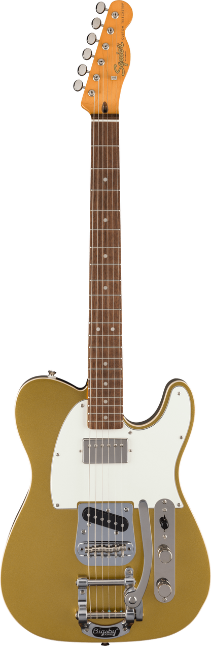 Full frontal of Squier Classic Vibe Custom Telecaster SH with Bigsby Parchment Pickguard Aztec Gold.