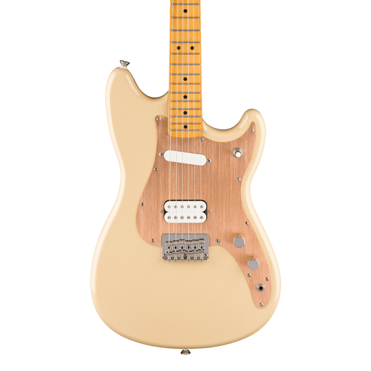 Front of Squier Classic Vibe Duo-Sonic HS Maple  Gold Anodized Pickguard Desert Sand.