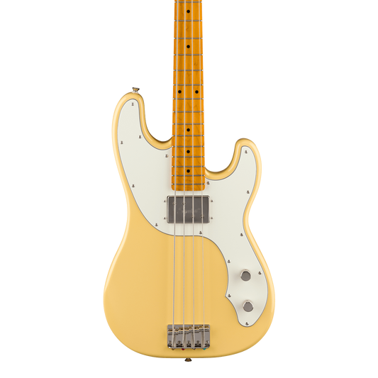 Front of Squier Classic Vibe Telecaster Bass Maple  Parchment Pickguard Vintage White.