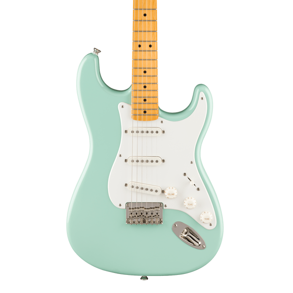 Front of Squier Classic Vibe '50s Stratocaster HT Maple  Parchment Pickguard Surf Green.
