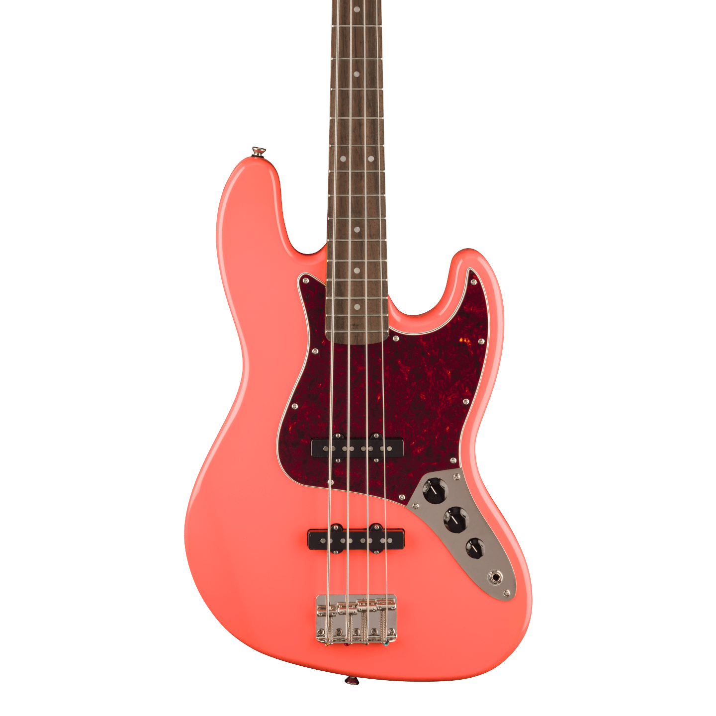 Front of Squier Classic Vibe '60s Jazz Bass Laurel Tortoishell Pickguard Tahitian Coral.