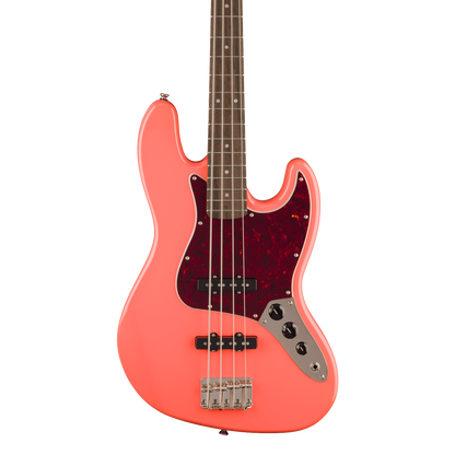 Front of Squier Classic Vibe '60s Jazz Bass Laurel Tortoishell Pickguard Tahitian Coral.