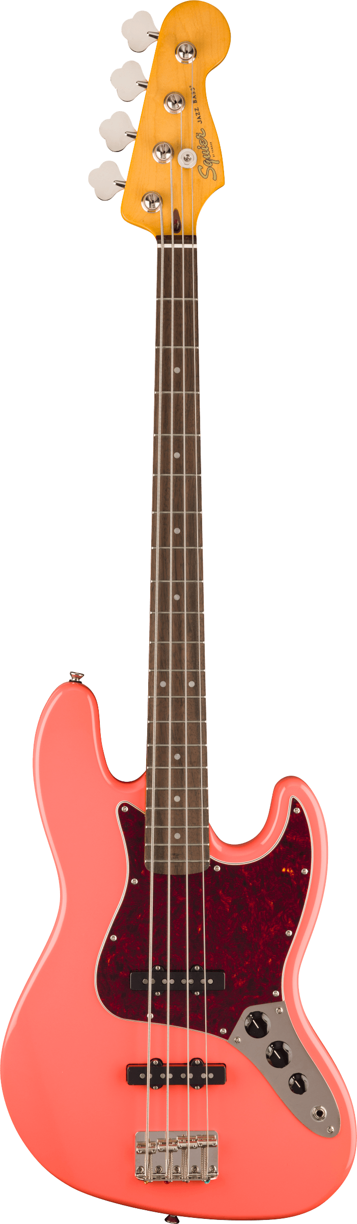 Full frontal of Squier Classic Vibe '60s Jazz Bass Laurel Tortoishell Pickguard Tahitian Coral.