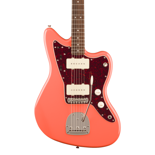 Front of Squier Classic Vibe '60s Jazzmaster Laurel Tortioshell Pickguard Tahitian Coral.