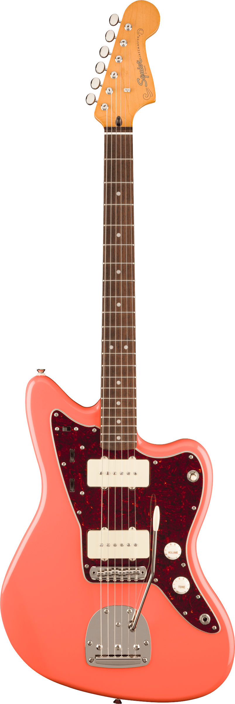 Full frontal of Squier Classic Vibe '60s Jazzmaster Laurel Tortioshell Pickguard Tahitian Coral.