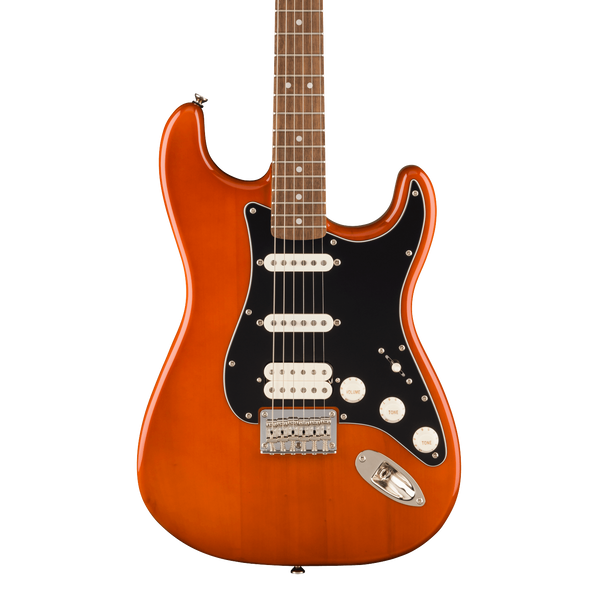 Front of Squier Classic Vibe '70s Stratocaster HT HSS Laurel  Black Pickguard Mocha.